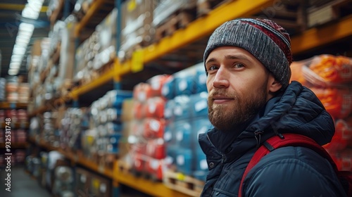 warehouse receiver standing by delivered cargo holding tablet looking at cargo details checking delivered items goods against order