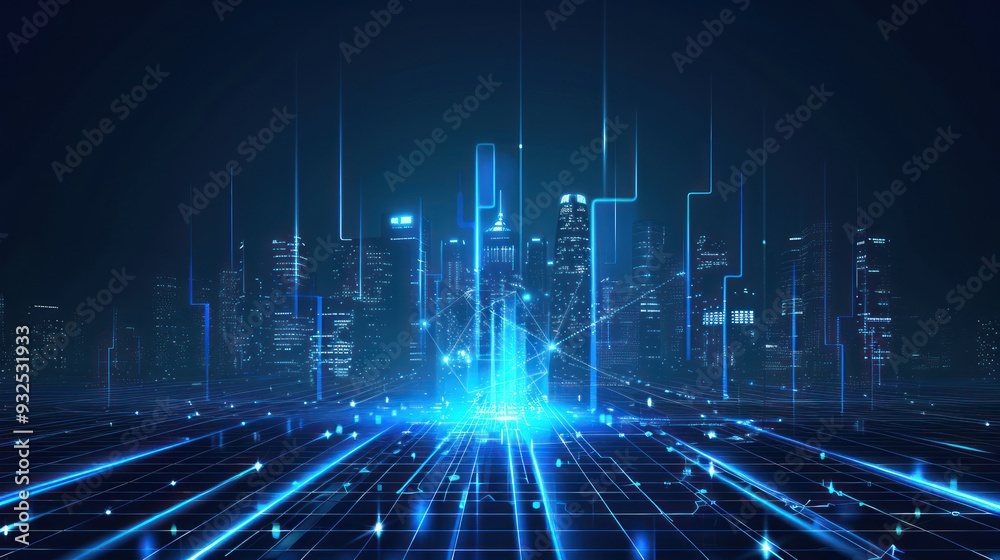Futuristic Cityscape with Digital Network