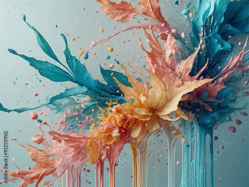 flower on blue background，oil painting splashes, like leaves and flowers	