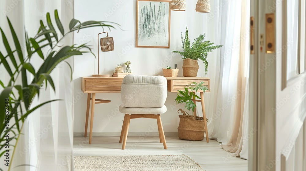 Minimalist Home Office with Wooden Desk, Chair, and Plants Minimalist Home Office with Wooden Desk, Chair, and Plants