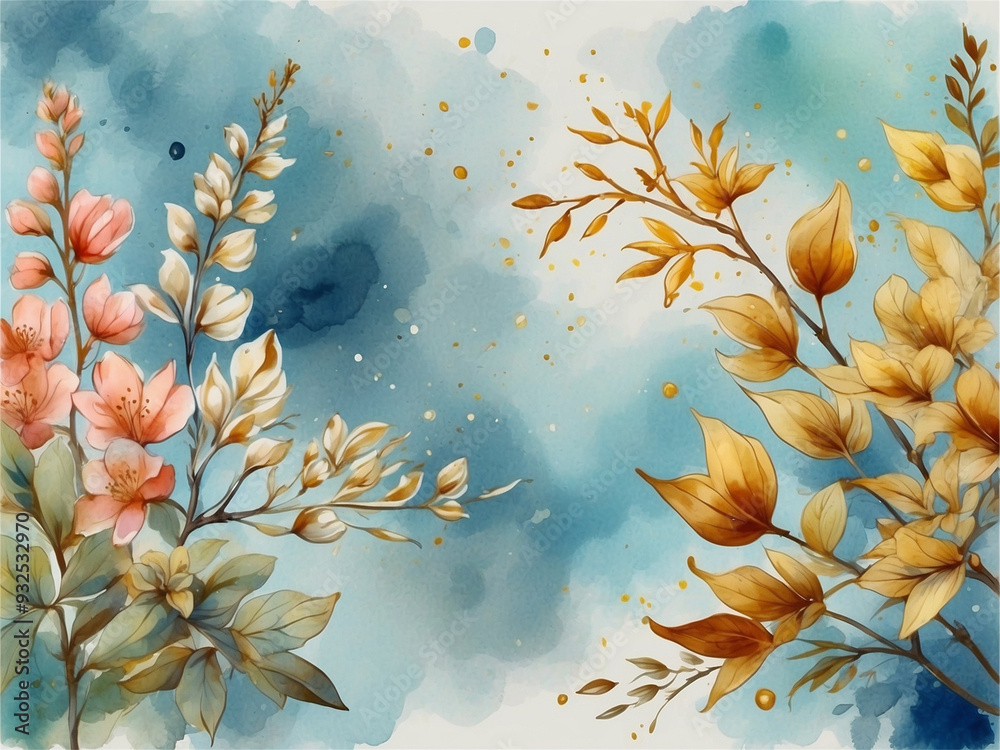 yellow flowers and leaves with dreamy blue background yellow flowers and leaves with dreamy blue background