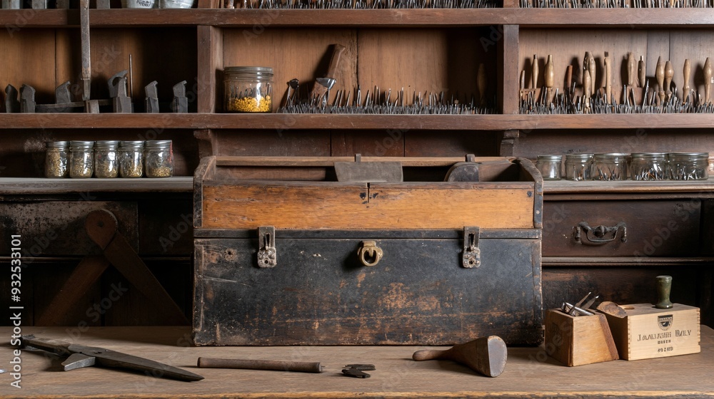 A nostalgic Labor Day scene set in an old-fashioned workshop, with a vintage tool chest and a variety of hand tools arranged on a wooden table. The tools, including a hand saw, plane, and hammer, are A nostalgic Labor Day scene set in an old-fashioned workshop, with a vintage tool chest and a variety of hand tools arranged on a wooden table. The tools, including a hand saw, plane, and hammer, are