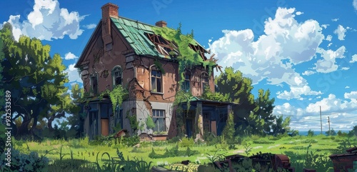 A derelict house with crumbling walls and vines encroaching, set against a vivid blue sky dotted with fluffy clouds