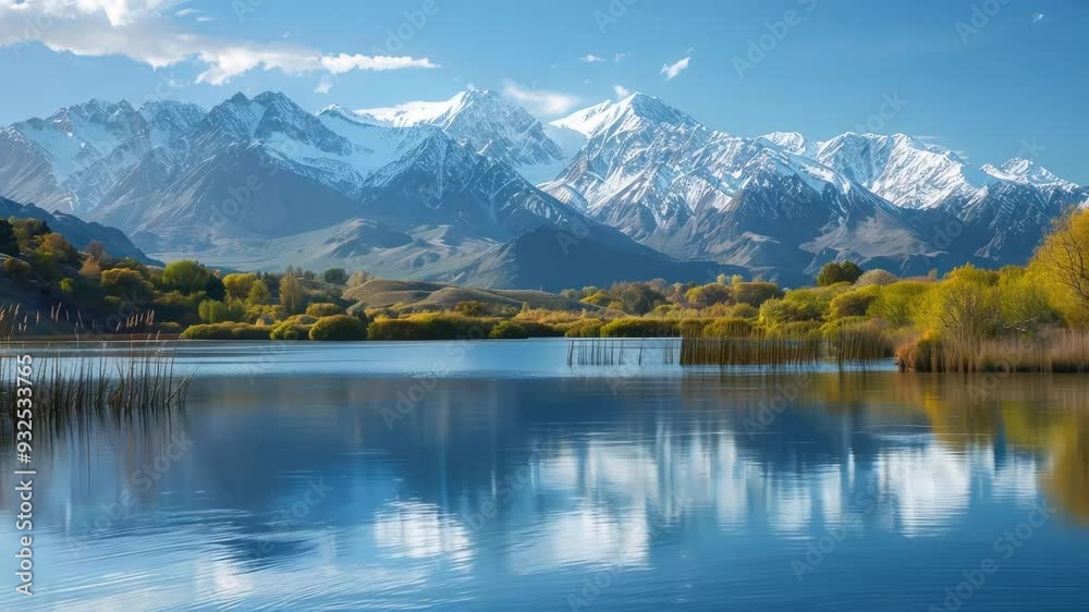 Tranquil lake reflecting the sky and majestic, snow capped mountains rising in the background on a clear, sunny day. The landscape is covered with lush green vegetation Tranquil lake reflecting the sky and majestic, snow capped mountains rising in the background on a clear, sunny day. The landscape is covered with lush green vegetation