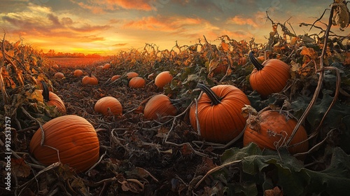 A bountiful pumpkin patch at the height of harvest season, with large, bright orange pumpkins scattered across the ground. The surrounding vines and leaves add a touch of green, creating a striking