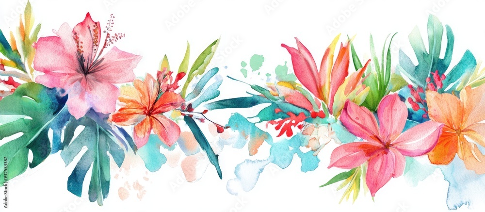 Fototapeta premium Colorful tropical beach journey watercolor featuring shades of pink green red peach blue and orange perfect for a holiday vacation party bouquet border frame set against a white background