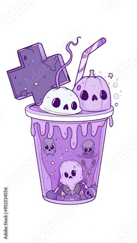 Cute Halloween-themed illustration of a purple drink cup with spooky decorations including skulls, pumpkin, and gravestone. Playful and eerie design. ai