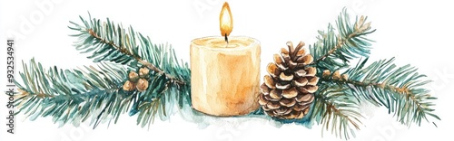 A watercolor illustration of a lit wax candle adorned with a fir branch and a fir cone set against a white background photo