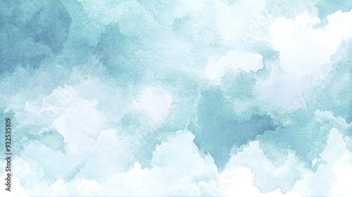 Aesthetic pastel teal blue watercolor brush paint digital banner background Clouds in a sky blue hue create a fresh atmosphere ideal for winter themed designs Abstract cyan watercolor frame in whi