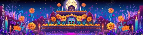 Dia de los Muertos altar decorated with marigold flowers and candles under a full moon Day of the Dead. AI