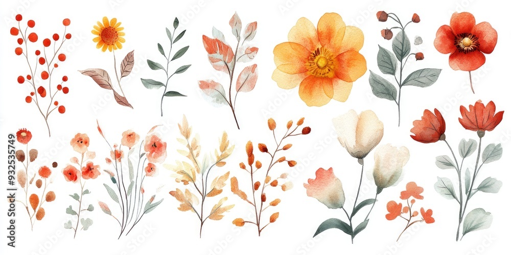 Obraz premium Charming collection of watercolor hand painted delicate autumn flowers Floral stock illustration Nature themed clip art