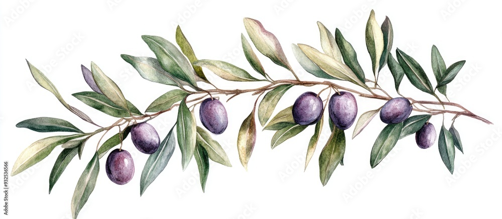 Branch of olives with fruits and leaves in watercolor illustration Branch of olives with fruits and leaves in watercolor illustration