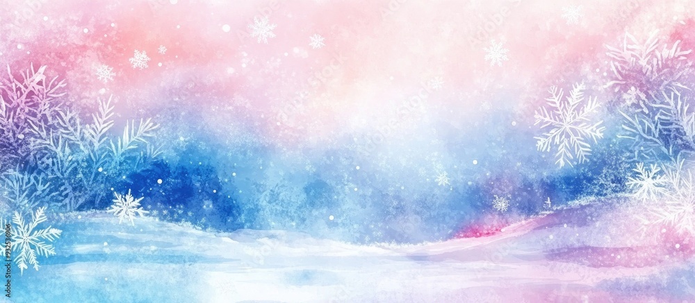 Fototapeta premium Colorful frozen evening water scene with snowflakes Watercolor artwork Natural landscape background Hand drawn outdoor illustration Painted seasonal backdrop