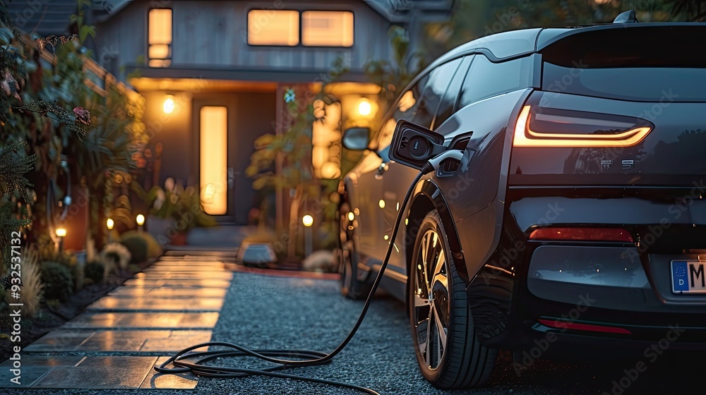 charging an electric car in home sustainable transportation concept charging an electric car in home sustainable transportation concept