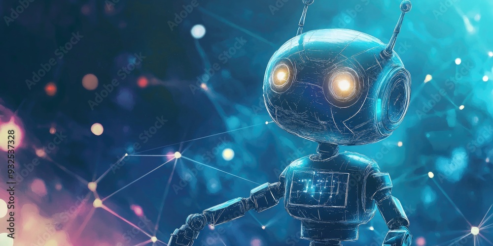 Fototapeta premium A charming small robot developing a neural network Watercolor illustration of a cyber space crafted through AI technology