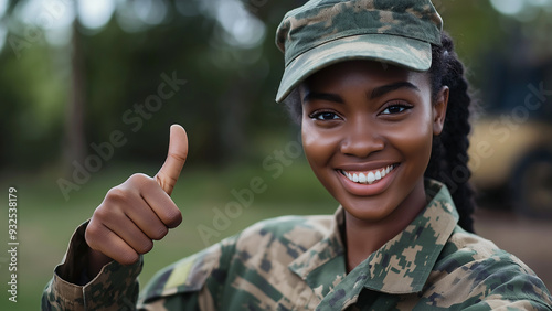 Black female soldier, copy space, smiling and giving a thumbs up