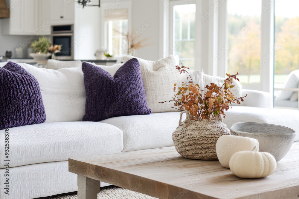 Fototapeta premium Modern house interior living room sofa with purple chunky knit pillows