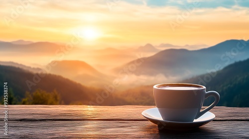 Cup of coffee on wooden table with sunrise mountain view.