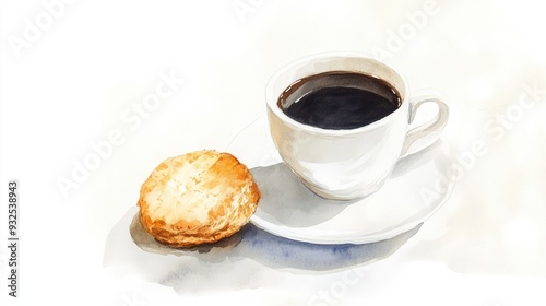 A freehand watercolor illustration of a cup of black coffee accompanied by a biscuit displayed on a white background depicting a light breakfast theme