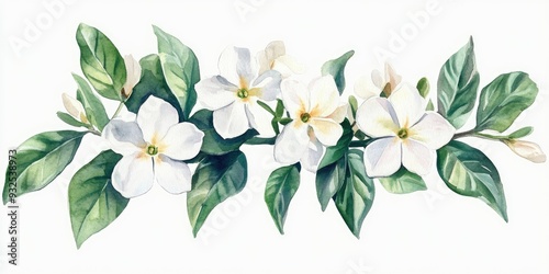 Fototapeta Naklejka Na Ścianę i Meble -  A hand drawn watercolor illustration of a bouquet of jasmine flowers accompanied by leaves Captures the essence of spring fragrance jasmine Suitable for use in packaging design postcards and labels