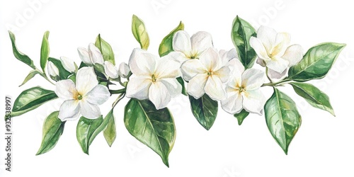 A hand drawn watercolor illustration of a bouquet of jasmine flowers accompanied by leaves Captures the essence of spring fragrance jasmine Suitable for use in packaging design postcards and labels