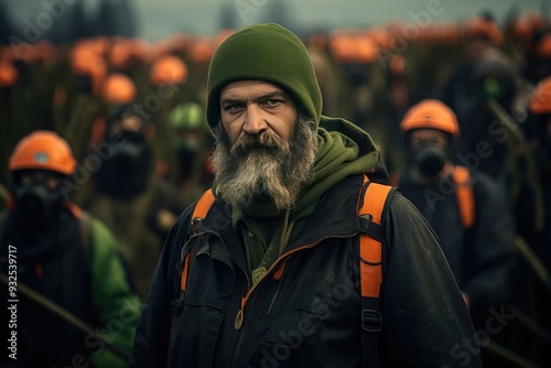 portrait of an elderly worker leading a demonstration