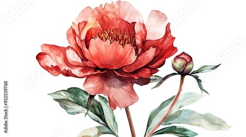 Fototapeta Naklejka Na Ścianę i Meble -  Burgundy watercolor peony featuring a large open bloom and a budding flower