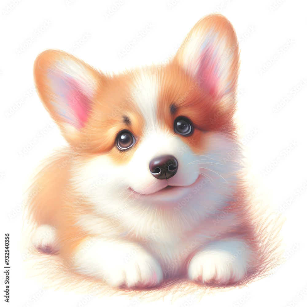 Obraz premium 흰 배경, 웰시 코기, 파스텔화 (White background, Welsh Corgi, pastel painting)