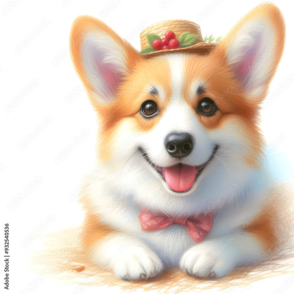Obraz premium 흰 배경, 웰시 코기, 파스텔화 (White background, Welsh Corgi, pastel painting)