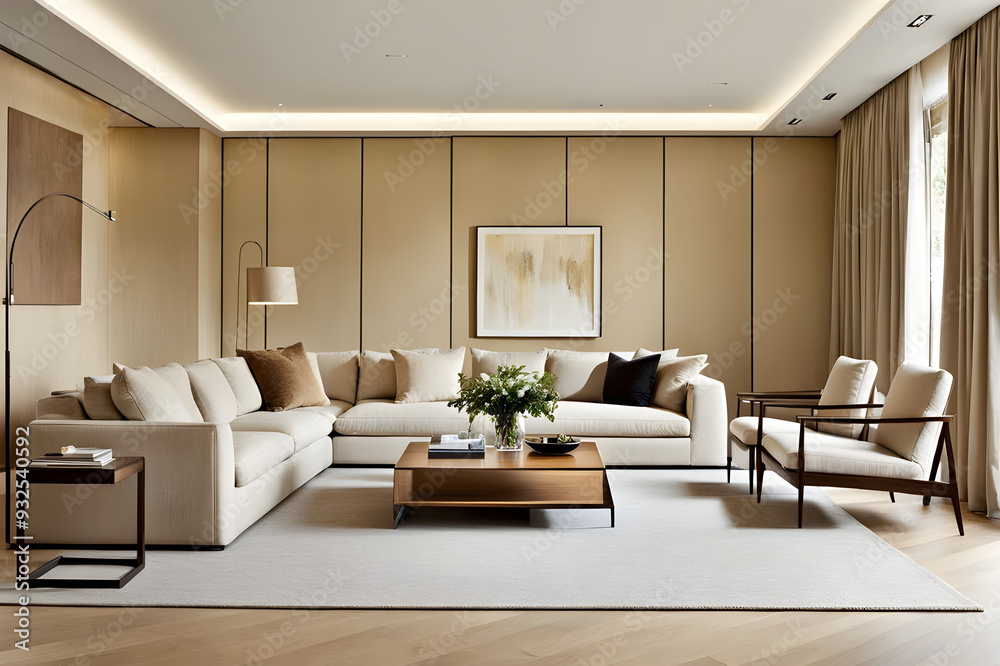 Fototapeta premium modern living room with fireplace, modern beige living room