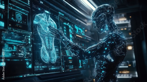 A Stunning Fusion of Technology and Anatomy: A Cybernetic Figure Engaging with Digital Interfaces in a Futuristic Environment photo