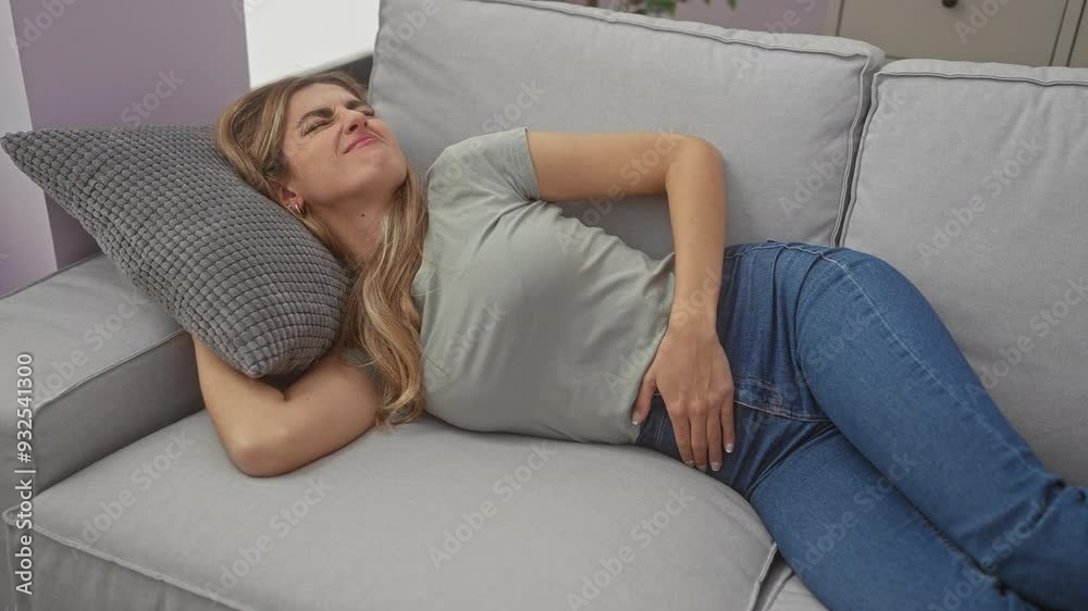A young woman experiences discomfort while resting on a grey couch indoors, portraying abdominal pain or cramps. A young woman experiences discomfort while resting on a grey couch indoors, portraying abdominal pain or cramps.