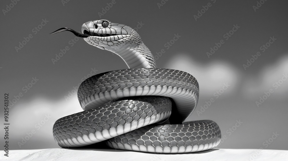 Obraz premium Black and white wildlife scene of a cobra coiled and ready to strike