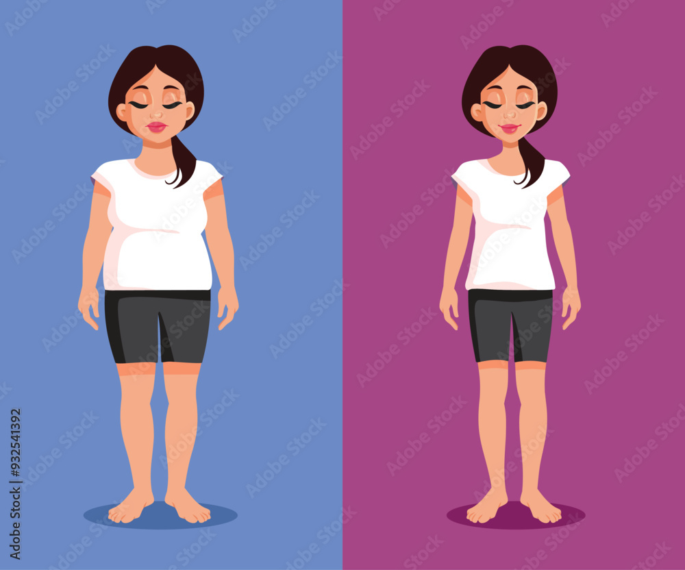 Before and After Weight Loss Transformation Vector Cartoon Illustration. Full body girl overcoming obesity through healthy diet
Before and After Weight Loss Transformation Vector Cartoon Illustration. Full body girl overcoming obesity through healthy diet
