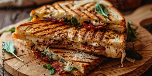 Delicious Panini with Bacon Parmesan and Cream Sauce on a Wooden Platter