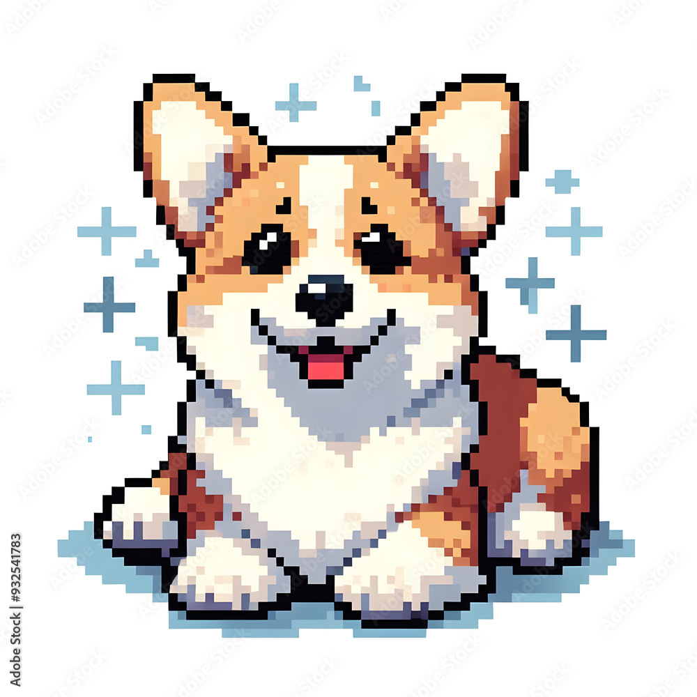 Fototapeta premium 흰 배경, 웰시 코기, 픽셀아트 (White background, Welsh Corgi, pixel art)