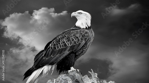 Black and white wildlife scene of an eagle perched on a mountain peak photo