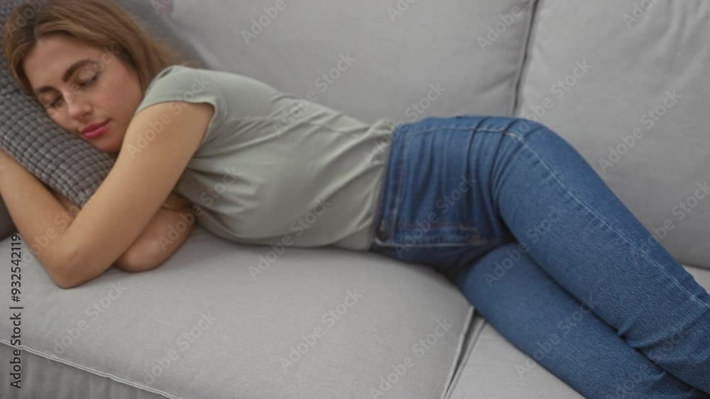 Relaxed young woman lying on a grey sofa at home, wearing jeans and a casual t-shirt. Relaxed young woman lying on a grey sofa at home, wearing jeans and a casual t-shirt.