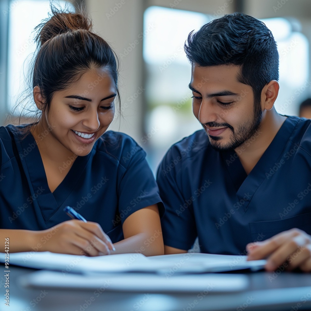 Two medial students working studying together in a medical assistant training class Two medial students working studying together in a medical assistant training class