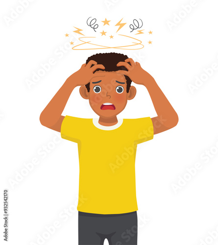 young African man feeling stressed frustrated squeezing his head with hands suffer from headache, migraine, tension, and emotional problems because of overworked