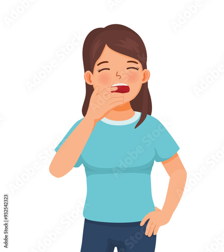 Young woman feel sleepy yawning
