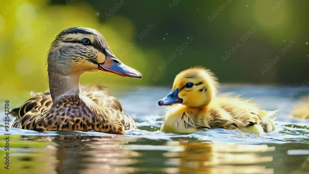 Mother and baby ducks swimming