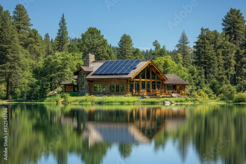 Modern Log Cabin with Solar Panels on a Lake