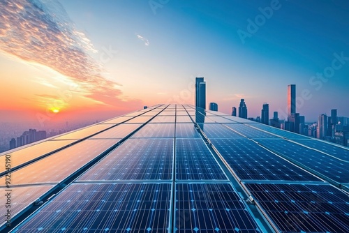 Solar Panels on a Rooftop Overlooking a City Skyline at Sunset