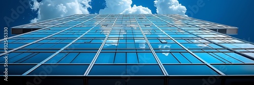 Modern glass skyscraper reflecting blue sky and white clouds, low angle view of corporate office building facade, architectural glass tower exterior.