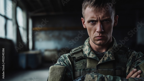 White male soldier, copy space, angry