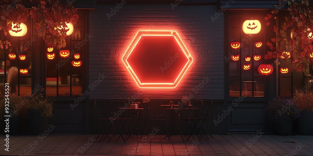 Obraz premium Blank hexagon signboard with neon light and Halloween decorations, positioned on the wall outside a themed cafÃ©, ready for logo presentation