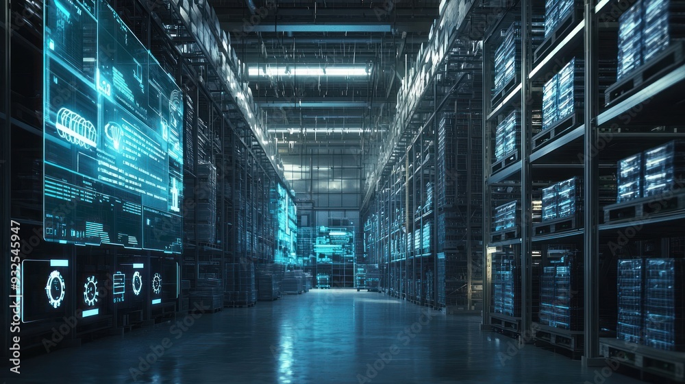 Futuristic warehouse. Retail company storage. Warehouse building with high racks. Virtual screens near storage areas. Numbers show how full warehouse shelves are. Futuristic fulfillment. 3d image Futuristic warehouse. Retail company storage. Warehouse building with high racks. Virtual screens near storage areas. Numbers show how full warehouse shelves are. Futuristic fulfillment. 3d image