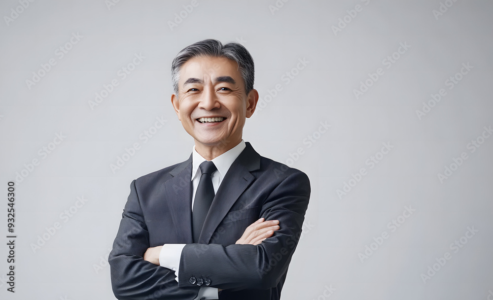Contented Senior Asian Businessman in Smart Suit with Crossed Arms, Warm Smile Engaging the Camera Contented Senior Asian Businessman in Smart Suit with Crossed Arms, Warm Smile Engaging the Camera