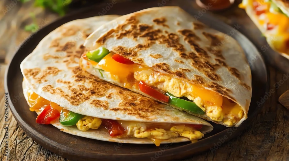 Eggs in a breakfast quesadilla with cheese and peppers Eggs in a breakfast quesadilla with cheese and peppers